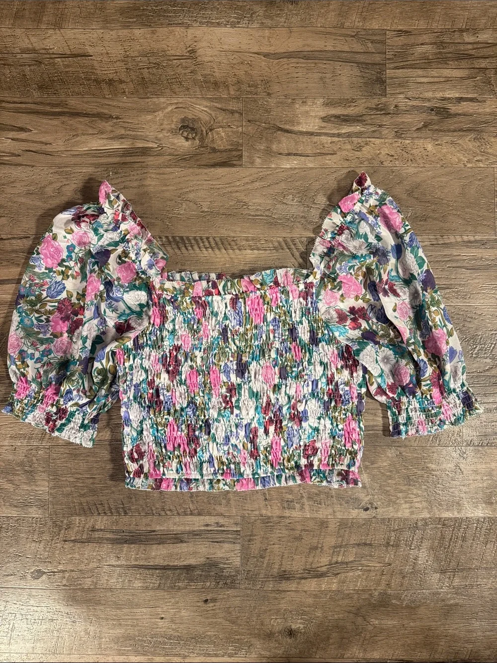 Astr Floral Smocked Puff Sleeve Crop Top in Pink, Green, Purple